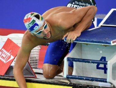 Hong Kong, Çin - 29 Ekim 2016. Olimpiyat ve dünya şampiyonu yüzücü Le Clos Chad (Rsa) erkekler kelebek 100m ön ısı başında. Fina Yüzme Dünya Kupası, Victoria Park Yüzme Havuzu.