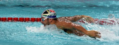 Hong Kong, Çin - 29 Ekim 2016. Olimpiyat ve dünya şampiyonu yüzücü Le Clos erkekler kelebek 100 m ön ısı Yüzme Chad (Rsa). Fina Yüzme Dünya Kupası, Victoria Park Yüzme Havuzu.