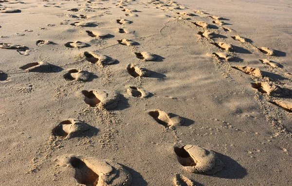 해변 모래에 발자국을 찍는 모습 — 스톡 사진