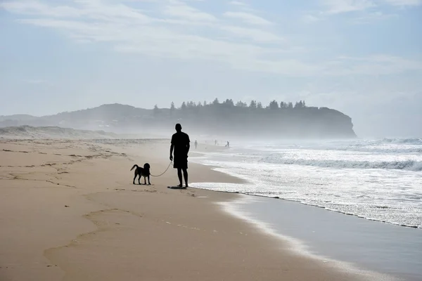 Dog and his owner walking on Belmont beach — Stock Photo, Image