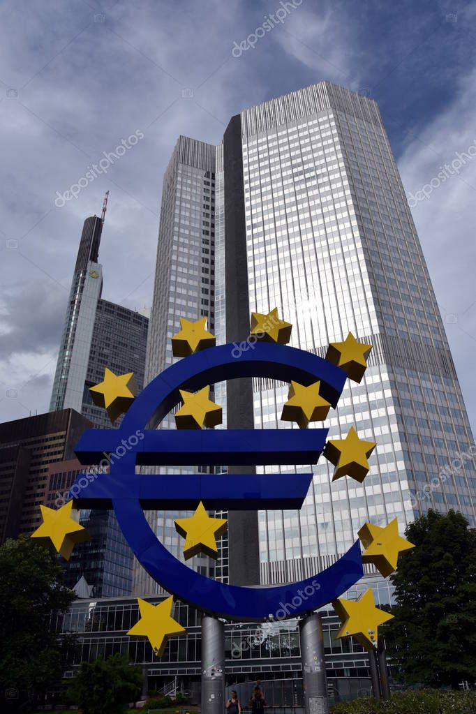 Frankfurt am Main, Germany - August 2, 2017: Euro sign outside the European Central Bank. European Central Bank (ECB) is the central bank for the euro and administers the monetary policy of the Eurozone