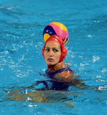 Budapeşte, Macaristan - 17 Temmuz 2017: Kaso Orsolya, Macaristan takımının kalecisi. Fina Waterpolo Dünya Şampiyonası 2017 yılında Alfred Hajos Yüzme merkezinde düzenlendi.