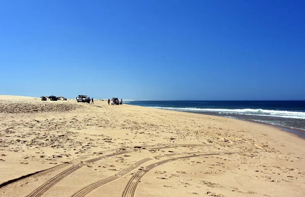 Paisaje Horizontal Playa Con Pescador Pesca Playa Stockton Nsw Australia — Foto de Stock