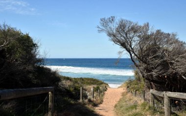 Deniz plaj ahşap geçit yolu girişi. Sandy okyanus plaj giriş. Deniz plaj ahşap geçit yolu girişi. Sandy okyanus plaj giriş.