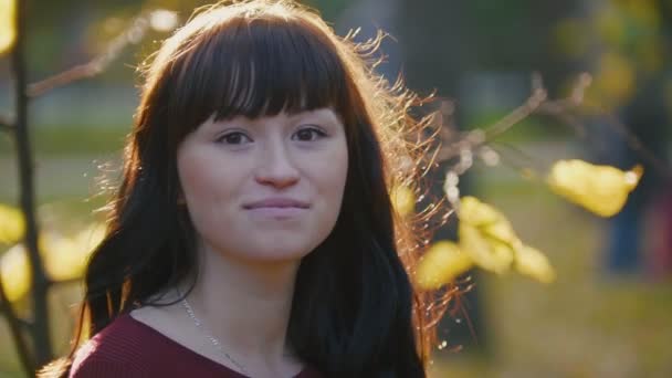 Retrato de una joven embarazada en vestido rojo mirando a la cámara en el parque de otoño al atardecer — Vídeos de Stock