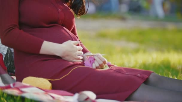 4K cute Happy Kobieta w ciąży w czerwonej sukni siedzi na kocu w jesiennym parku o zachodzie słońca, zbliżenie — Wideo stockowe