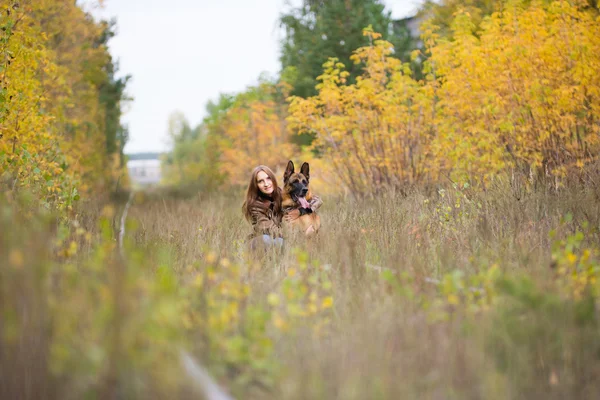 Atractiva joven mujer paseando con su perro pastor alemán en el bosque de otoño, cerca de la vía férrea gran angular — Foto de Stock