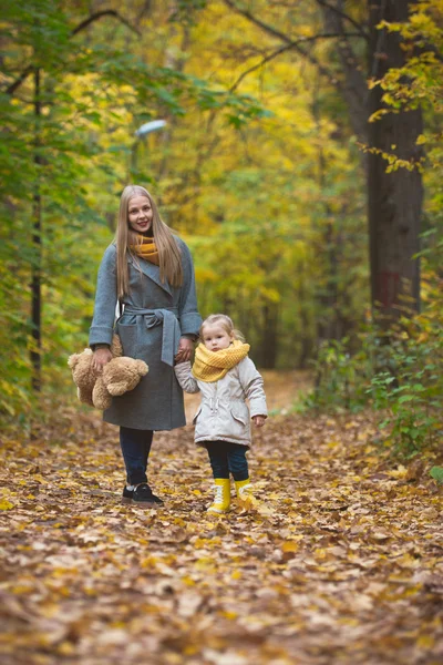 Moeder en kleine dochter blonde wandelen en spelen in de herfst Park, geel woont rond — Stockfoto