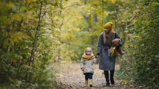 Мать и ее дочь маленькая девочка, гуляющая в осеннем парке - мама, ребенок и медведь Тедди — стоковое видео