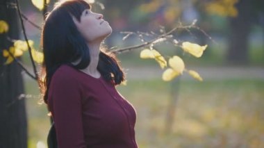 Sonbahar Park altın yaprağı arasında ayakta, gökyüzünü arayan sevimli genç hamile kadın