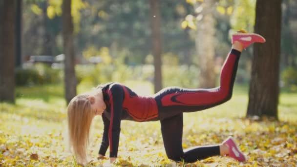Fitness woman strength training doing workout at sunny autumn park. Fit caucasian sporty girl exercising her body - performs the lifting legs on yellow leaves — Stockvideo