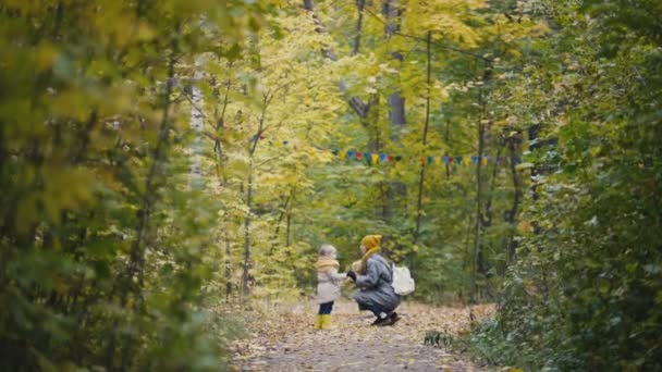 Little blonde girl with her mommy whispering in autumn park alley — Stock Video