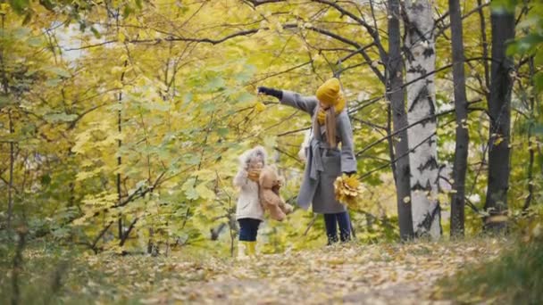 Figlia piccola con la sua mamma gioca con foglie gialle nel parco autunnale — Video Stock