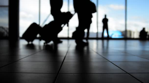 Passagiers instappen met bagage voor raam in de luchthaven, gonna silhouet — Stockvideo
