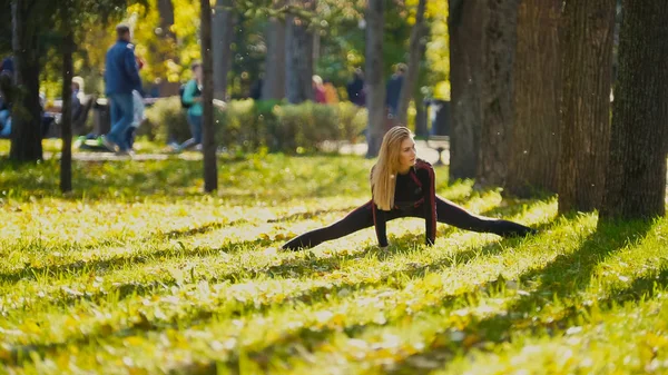 Unga fitness kvinna modell tränar i en äng på hösten park, sportaktiviteter utomhus koncept - flexibilitet — Stockfoto