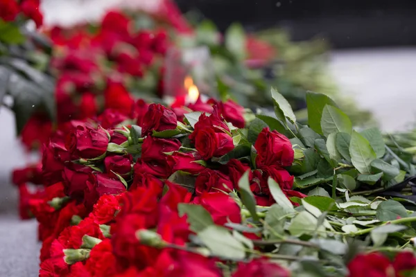 Nejlika blommor symbol för sorg - ljus i vinden och röd blomma på monumentet, närbild — Stockfoto