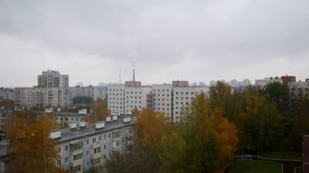 Aerial panorama of autumn city in cloudy sky — Stock Video