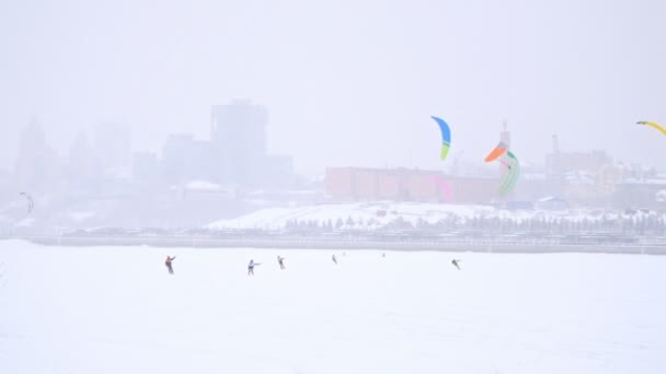 Extremsport im Winter - viele Snowkitesurfer fahren bei Schneesturm auf dem Eisfluss — Stockvideo