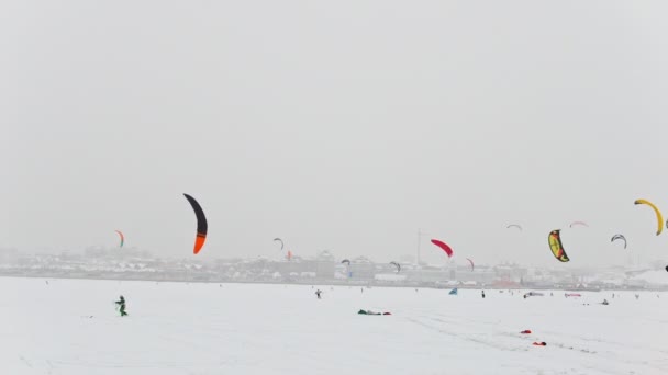 Una gran cantidad de cometas de nieve colorul en el río de hielo en frente de la ciudad en el día nublado ventisca, deporte extremo de invierno — Vídeo de stock