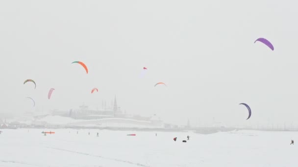 Deportes extremos de invierno - coloridas cometas de nieve sobre el río de hielo en frente de la ciudad en el día nublado ventisca — Vídeo de stock