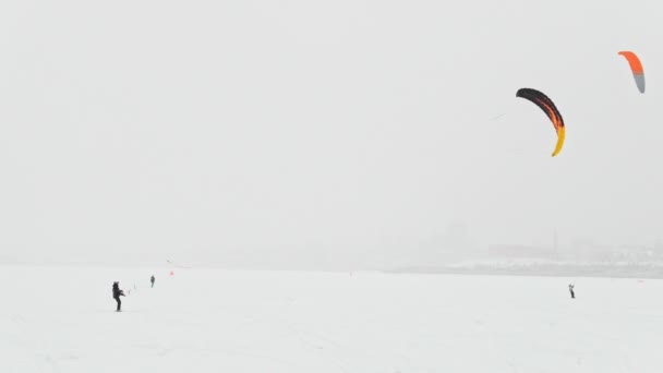 Sport estremi invernali - gli aquiloni sul lago di ghiaccio durante la giornata nevosa — Video Stock