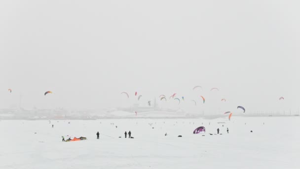 Zimní extremální sport - hodně barevné sněhu draci nad řekou ledu před městem na blizzard zamračený den — Stock video