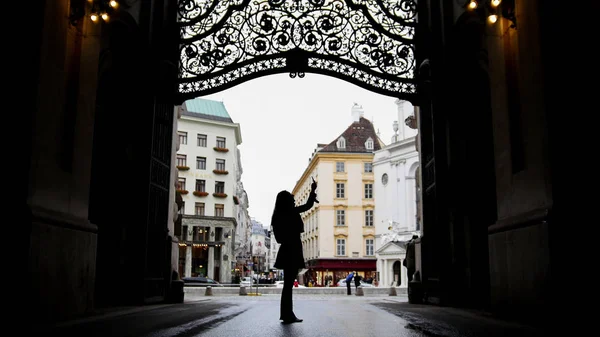 Žena používající miniaplikace v hofburg Vídeň, silueta, široký úhel — Stock fotografie