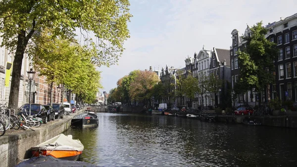Вид на Амстердам: раннее утро, пасмурный день, Автумн - автомобили и велосипеды, припаркованные вдоль канала, деревья, отраженные в воде - Нидерланды — стоковое фото