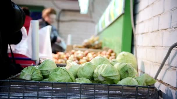 Капуста в овощном отделе супермаркета — стоковое видео
