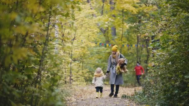 Blond meisje met haar mama wandelingen in herfst park steegje, sporters loopt op de achtergrond — Stockvideo