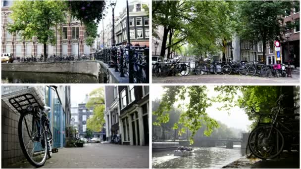 Dört tane: Amsterdam kavramı - bisiklet, kanallar güneşli Avrupa sonbahar, Hollanda — Stok video