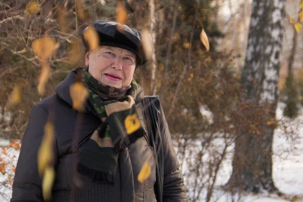 Retrato de una anciana posando en el parque de invierno, de cerca — Foto de Stock