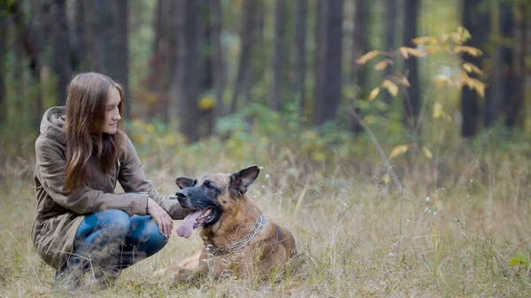 Vrouw in herfst park met haar huisdier - Duitse herder — Stockfoto