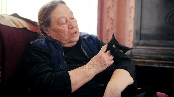 Retrato de anciana en casa - anciana sentada en sofá con gato negro - de cerca — Vídeo de stock