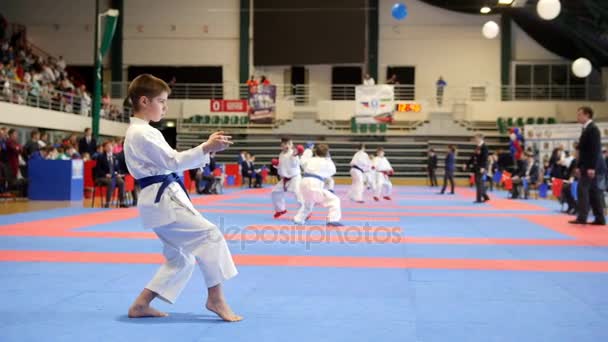 Kazan, Rússia, 8 de abril de 2017, Palace of single combats "Ak Bars" Kids karate competition WKF - karate kid performing single show - kata — Vídeo de Stock