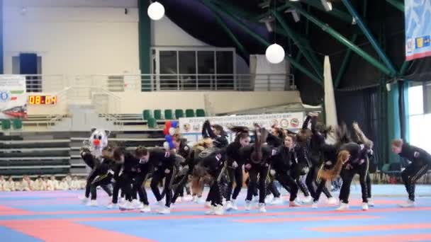 Kazán, Rusia, 8 de abril de 2017, Palacio de los combates individuales "Ak Bares" Niños competencia de karate WKF - actuación grupo de baile Todes — Vídeos de Stock