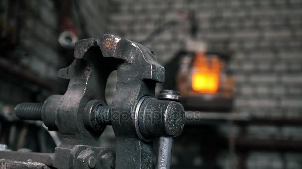 Blacksmith in workshop makes iron tools - kindle blast furnace, de-focused — Stock Video