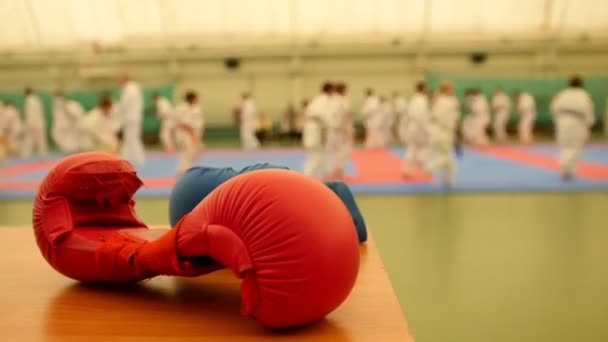 Красные перчатки карате на татами во время тренировки, рассеянные — стоковое видео