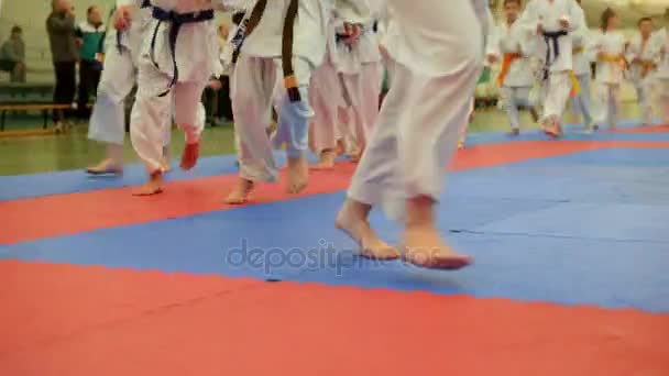 Groep karateka tieners in kimono draait op tatami in de sportschool — Stockvideo