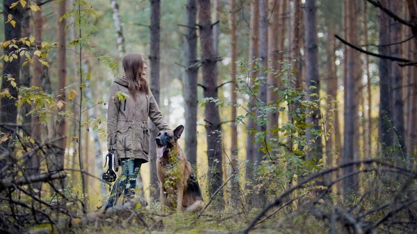 La chica pasea con el perro en el bosque — Foto de Stock