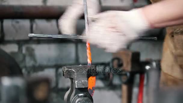 Werkstatt eines Schmieds. die Metallstange wird in den Schraubstock eingeklemmt — Stockvideo