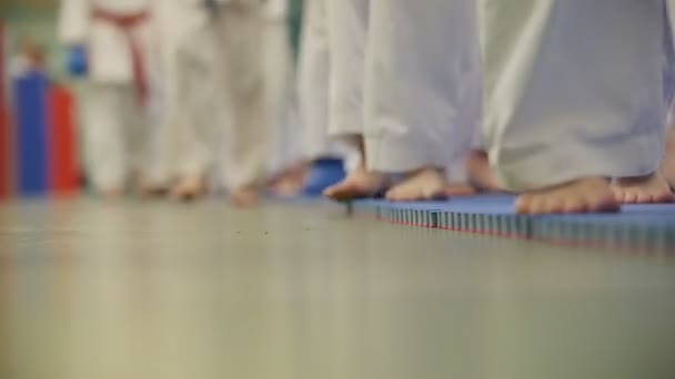 Een heleboel tieners karatekas in witte kimono gaande tatami - benen close-up — Stockvideo