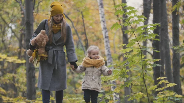 Madre y su hija niña rubia caminando en un parque de otoño — Foto de Stock