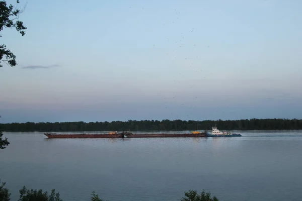 Lastfartyg segling på en stor flod vid sommardag — Stockfoto