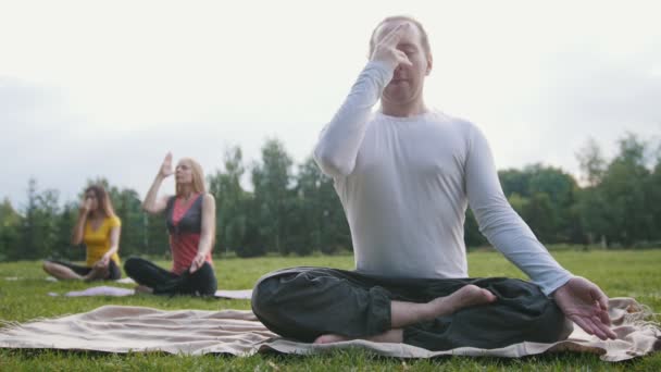 Groep van sporters voert ademhaling oefening buiten in een groen park — Stockvideo