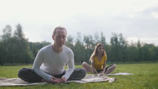 Yoga - instrutor e menina executa meditando no parque — Vídeo de Stock