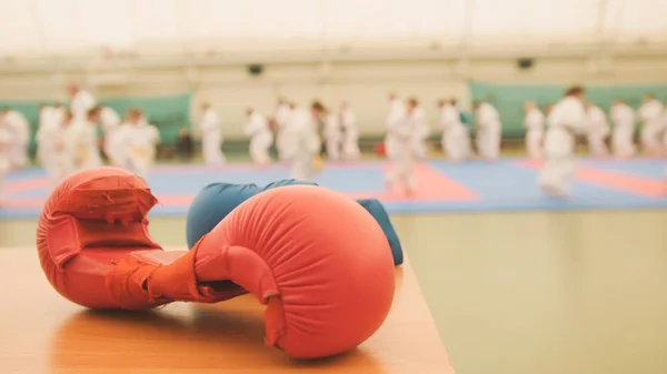 Red karate gloves on tatami during training, de-focused