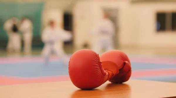 Rote Karate-Handschuhe auf Tatami während des Trainings, defokussiert — Stockfoto