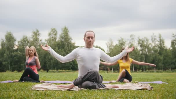 Sporcu grubu eğitim açık havada yeşil bir parkta gerçekleştirir - sarışın kız meditasyon sırasında uyuyor — Stok video