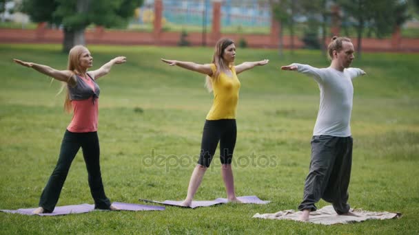 Desportistas de ioga no parque - realiza exercícios ao ar livre ao ar livre pela manhã — Vídeo de Stock